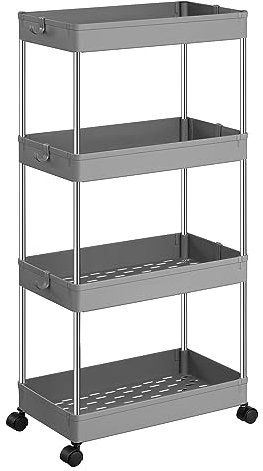 SONGMICS Rollwagen, Küchenwagen mit 4 Ebenen, Küchenregal, Nischenregal, mit 6 Haken, 360° drehbare Räder, Stahlgestell, Bad, Küche, Büro, grau KSC010G01