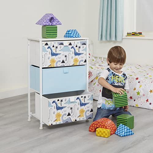 Liberty House Toys Kids Dinosaur Chest of Drawers, Blue | 3 Fabric Bins, Steel Frame, Wood Top, Bedroom, Nursery, Playroom Storage, Clothes & Toy Storage