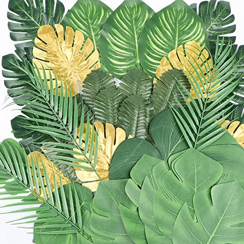 Encuryna 78 Stück Künstliche Palmenblätter, Tropische Pflanze Palmenblätter, Dschungel Deko Monstera Blätter, Kunstblätter Safariblätter für Hawaiische Party Luau Strand Thema Tischdekoration