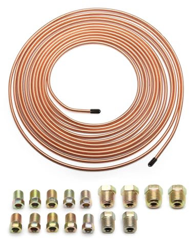 25Ft of 3/16 Zinc Plated Copper Brake Line Kit - Includes 16 Inverted Flare Fittings - Universal Copper Coil Brake Line Repair Kit for Car,Home,Industrial (Gold)
