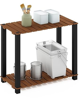 Furinno Pangkor 2-nivåer Turn-N-tub inomhus utomhus växthylla stor rektangel trästativ med fyrkantiga stolpar, natur/svart