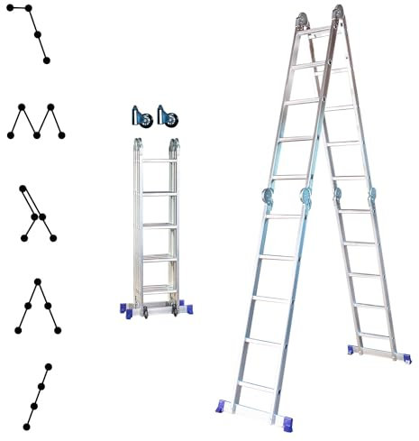 Scala pieghevole articolata STAVALANCE4x5, 5,7m, 20 gradini, multifunzione, distanziatore per muro, sgabello, in alluminio, Altezza lavoro max 6,29m, Hostrom