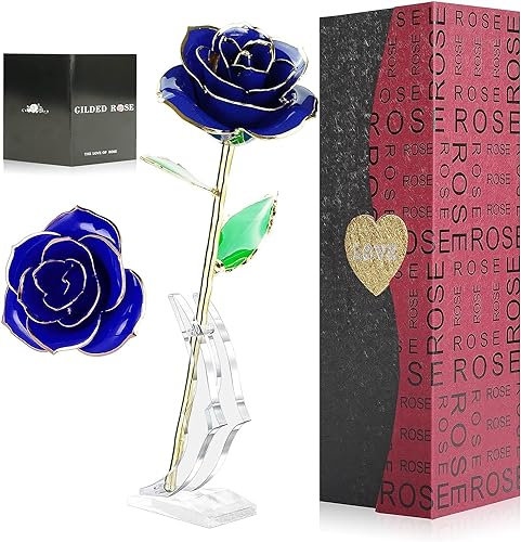Rosa de Oro 24K,Rosa Eterna Flores Chapadas en Oro con Base Soporte Transparente y Caja de Regalo para el Día de San Valentín,el Día de Madre, Mujer,Novia, Esposa,Aniversario,Cumpleaños Regalo
