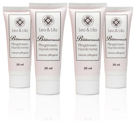 Leo & Lilo Juego de 4 cremas de manos de peonía, 20 ml, cuidado intensivo para manos secas, con aceites vegetales orgánicos y extracto de flor de peonía orgánica, cosmética natural