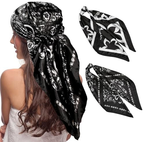 Nayyana® 2er-Pack Satinschal für Frauen - 90 x 90 cm Großer quadratischer eleganter Schal aus Seide für Frauen Satin Bandana Mädchen Kopftuch Haaraccessoires - Schwarz