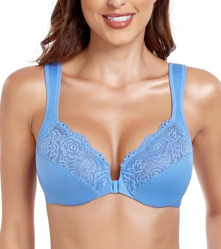 Lemorosy - Reggiseno Chiusura Anteriore Donna Basic Coppa Completa con Anelli Imbottiti Push Up Taglie Grandi（Nuovo Blu，5G）