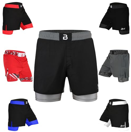 2BOLD MMA Shorts Men’s BJJ, Grappling, JIU-Jitsu, NO-GI Cross Training, Built in Compression Running Shorts (US, Alpha, Medium, Regular, Regular, Black-Grey)