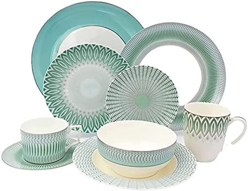 VNNHGB Juegos Combinados de porcelanaJuego de vajilla de gres, Juegos de Platos y tazones de Porcelana, Servicio para 4, Juego Combinado de vajilla con Plato Llano, Plato de Postre, tazón de Sopa,