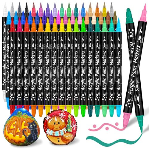 KERIFI Acrylstifte für Steine Wasserfest, 48 Farben Dual Tip Acrylfarben Set, Acrylstifte Wasserfest stifte für Steine Bemalen, Holz, Glas, Keramik, Leinwand, Basteln Ostern und Weihnachten, Kinder