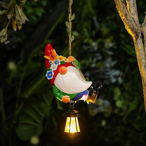 Rossesay Solar Hanging Gnome Statue 6.3 H Climbing Gnomes with LED Lantern Hook Waterproof Hanging Gnomes Outdoor Decor Tree Yard Porch Wall Decoration Birthday Gift for Mom Women
