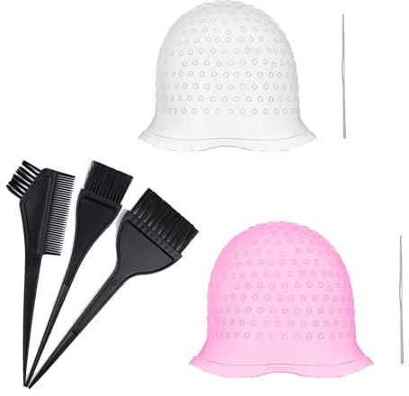 7 Pezzi Cappucci in Silicone Per Tinture Per Capelli,Riutilizzabile Cuffia Capelli per Meches per Tintura,Cuffia Per Capelli Per Meches, con pennelli e ago,Tappo Per Colorare per Capelli Lunghi Corti