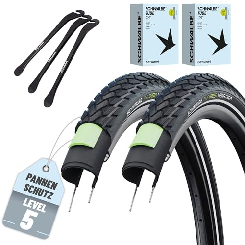 2er Set Schwalbe Fahradreifen Green Marathon 28x1,75 Zoll (47-622) + AV Schlauch und 3 Metall MSZweirad Reifenheber E Bike