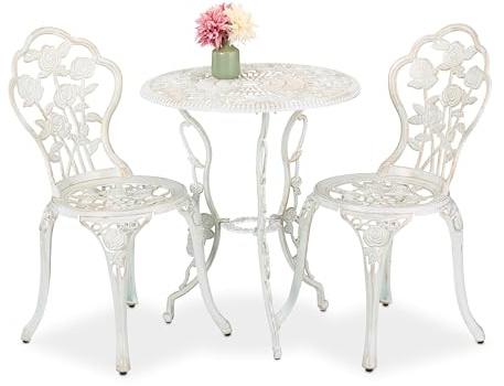 Relaxdays Set da Bistrot da 3, Tavolino da Giardino, 2 Sedie, Balcone, Stile Ferro Battuto, in Alluminio, Bianco Bronzo