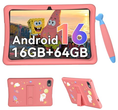 Kinder Tablet 10 Zoll, Android 16 Kinder Tablet ab 3-14 Jahre, 16GB(4+12) RAM + 64GB ROM(2TB Erweiterbar), Augenschutz HD Display, Kindersicherung, GMS, 5000mAh, WiFi6, 4 Jahre Garantie, Rosa