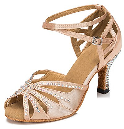 Women Rhinestone Ballroom Latin Salsa Performance Dance Shoes (7.5, Nude-2.5inch Heels)