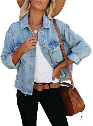LONGBIDA Women's Jean Jacket Frayed Washed Button Up Cropped Denim Jacket With Pockets(Light Blue,L)