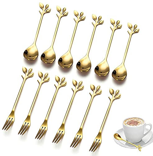 12 Pieces Tea Sugar Spoons, Stainless Steel Dessert Coffee Tea Spoon, Stainless Steel Tea Fork, Appetizer Dessert Forks, Including 6 Spoons and 6 Forks, For Kitchen Tea Parties and Coffee Shops (Gold)