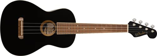 Fender Ukulele Tenore Avalon per Adulti e Bambini, Costruzione in Legno di Tiglio, Tastiera in Noce, Paletta Fender Stratocaster Classica, in Nero