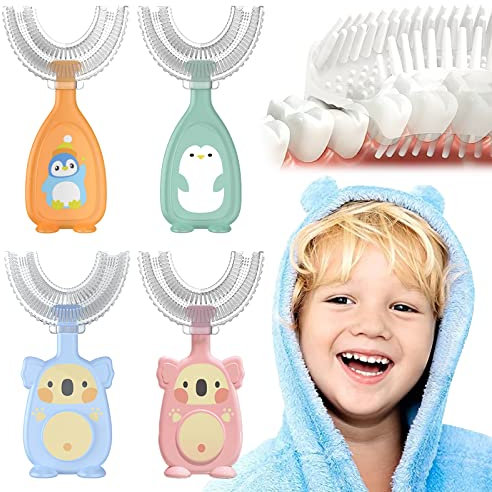 BDSHUNBF 4 Stück Zahnbürste Kinder, Kinderzahnbürste U-Form, Weicher Bürstenkopf aus Silikon, 360 Grad Zahnreinigung Kinder, Massage-Zahnfleisch, Rundumreinigung, Cartoon Design 2-6 Jahre Alt