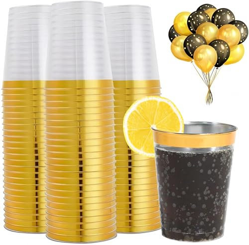 50 Vasos De Plástico Con Borde De Oro, 300 ml, Vasos De Plástico Reutilizables, Elegantes Copas De Vino Para Fiestas, Champán, Cerveza, Cóctel, Martini, Refrescos, Postres (10,5 x 7,5 cm)