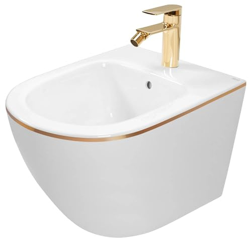 Rea Carlo Mini Bidé suspendido Bidé de pared de cerámica con borde dorado blanco para baño 49,5 x 37 x 32,5 cm (blanco)