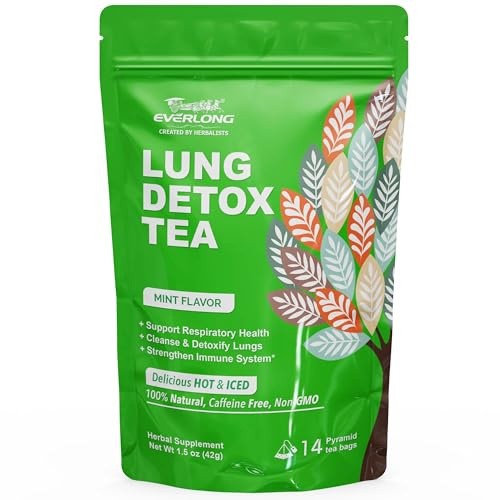 EVERLONG Lung Detox Tea – Mullein Tea with Thyme, Ginseng, Lungwort, Eucalyptus, Liquorice, Spearmint and Sage for Lung Cleanse and Respiratory Health – 14 Herbal Tea Bags, All Natural, Caffeine-Free