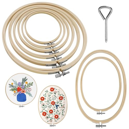SNAIL GARDEN Lot de 8 cerceaux à broder ronds et ovales en bambou, 8 tailles, de 8 cm à 26 cm avec 1 tournevis pour l'artisanat à la main, création de broderie