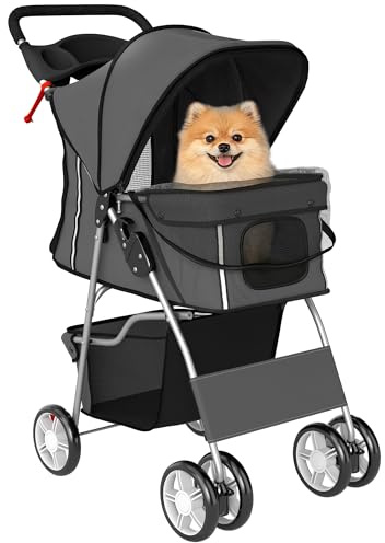 PawHut Dog Pram, Foldable Pet Stroller for Small Miniature Dogs Cats, Pet Buggy Pushchair with 360° Swivel EVA Wheels, Brake, Reflective Strips, Mesh Windows, Washable Cushion, Dark Grey