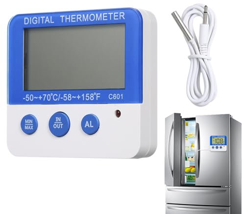 Termometro digitale per congelatore/frigorifero con magnete e supporto, termometro per frigorifero e congelatore con indicatore LED, memoria max/min impostazioni di allarme per temperatura alta e