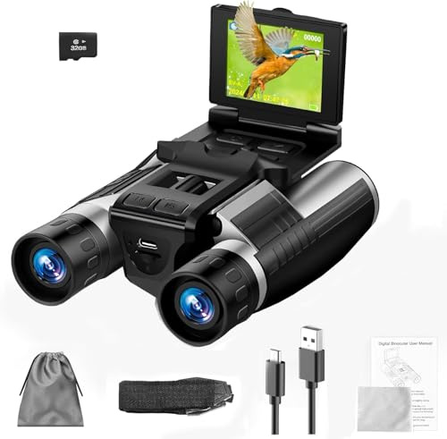 Jumelles numériques, écran LCD 2,4, zoom optique 12x, zoom numérique 8x, images 48 MP, caméra vidéo 2,5 K avec carte de 32 Go, jumelles pour l'observation des oiseaux, la chasse, les aventures en