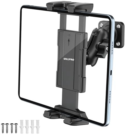 OHLPRO Tablet Wall Mount Holder, 360° Rotation for 5-13 iPad Mini Pro Air, Fire HD, Galaxy Tab, Switch and Phone, Drilled Base with 3 Support Arm Stand, Adjustable Tilt