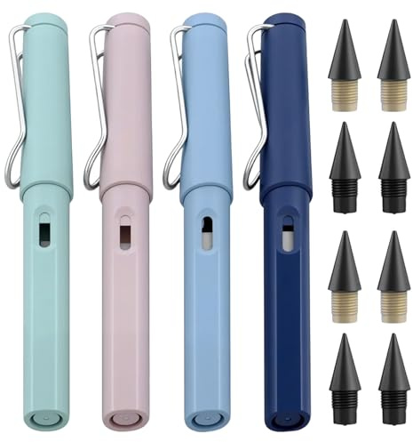 PETERMALLON 4 stycken bläcklösa blyertspennor för evigt, metall bläckfria pennor, oändlig penna med suddgummi, ändlös penna med 8 utbytbara huvuden