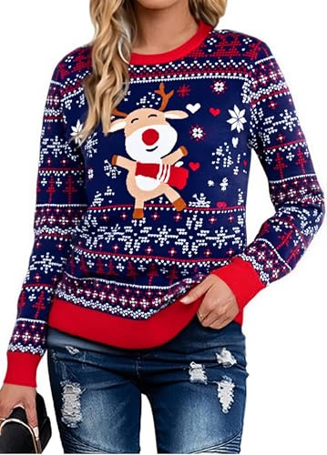 Litherday Weihnachtspullover Damen Christmas Strickpullover Sweater Winter Weihnachten Rundhals Langarm Rentier Schneeflocken Muster Weich Ugly Pullover Weihnachtsfeier