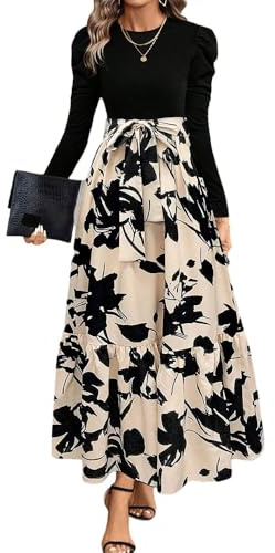 XFSRG Vestito Donna Maniche Lunghe Stampa Floreale Scollo Rotondo Abiti Elegante Orlo a Volant Maxi Vestiti da Casual Cocktail Party(Beige/Maniche Lunghe-XL)