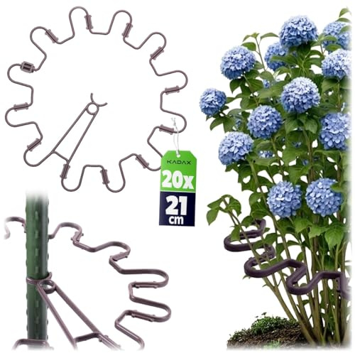 KADAX Supporto per piante perenni, rotondo, Ø 21 cm, in set da 20 pezzi, supporto per piante in plastica, supporto per ortensie e peonie, supporto per ortensie e piante (marrone)