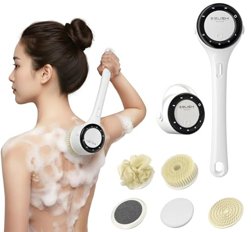 Elettrica Spazzola Schiena Doccia, Spazzola Corpo con Manico Lungo Rimovibile, Spazzola per il Corpo Elettrica con 5 Testine per la Pulizia della Pelle e del Corpo, Massaggio, Esfoliazione (Bianco)