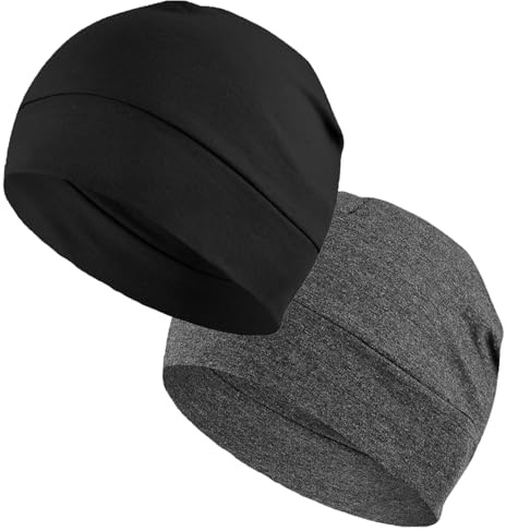 ELNX Set di 2 Cuffie Skull cap, Cappelli Unisex per Uomo, Beanie per Corsa, Bici, attività All'aperto, sotto Casco, Cappello da Notte, Copricapo Chemo (Grigio Scuro, Nero)