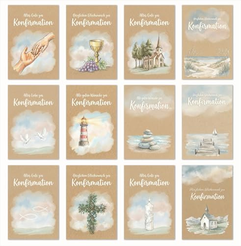 Edition Seidel Juego de 12 tarjetas de felicitación para confirmación con sobre, tarjetas de confirmación, tarjetas de iglesia, refranes para niños y adolescentes (SW026)