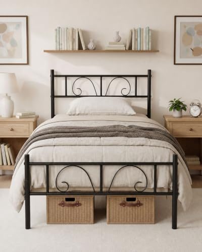 Amveya Metallbett 90x200 cm Bettgestell Schwarz, Modern Jugendbett mit Lattenrost, Gästebett mit Aufbewahrungsregalen, Einzelbetten Einfache Montage, Bettgestell 90 x 200, Schwarz