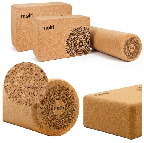 Molti Yoga Set Korkrolle 30x10 cm & 2 Yogablöcke 23x15x7,5 cm aus 100% Naturkork – Faszienrolle & Yoga Block Set für Pilates, Stretching, Massage, Balance & Rehabilitation