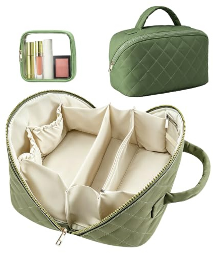 Travel Makeup Bag for Women Flat Lay Makeup Bag Large Capacity Make up Bag with Compartments & Clear Brushes Pocket & Wet Pocket,Toiletry Bag,Portable Make Up Case for Travel (Green)