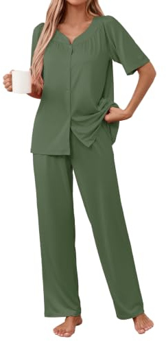 Famulily Lounge Wear Set for Women UK Lightweight Pyjamas Half Sleeve 2 Piece Sets Summer Comfy Sleepwear Army Green XXL