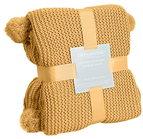 Dreamscene Chunky Knit Throw Large Knitted Thick Warm Pom Pom Sofa Bed Blanket - Mustard Yellow Ochre, 150 x 180cm