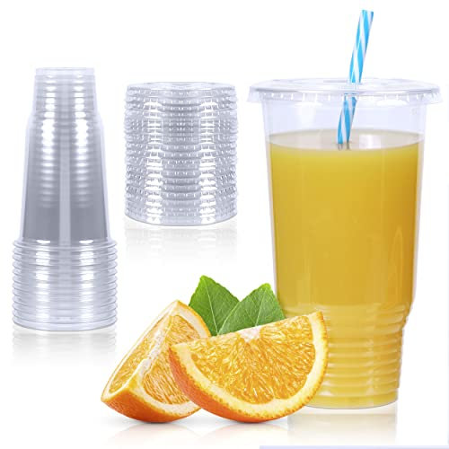 Upper Midland Products 32 OZ Cups and Lids, 50 Sets Large Plastic Disposable Clear Cups For Ice Coffee