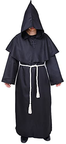 Myir JUN Mönch Robe Kostüm Mönch Priester Gewand Halloween Kostüm mit Kapuze Mittelalterliche Kapuze Herren Männer Mönchskutte (Schwarz, Small)