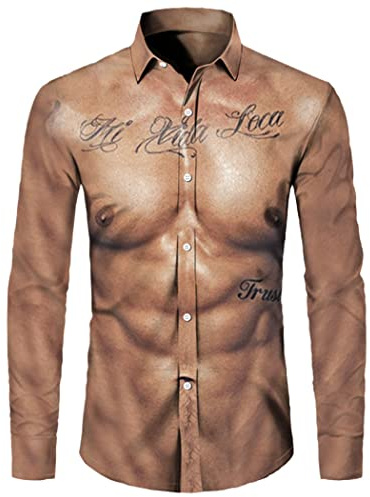 WEGUKRI La camisa fresca de los botones de la impresión del modelo 3D del músculo, los hombres imprimieron los tops largos de, Color 3, XXL
