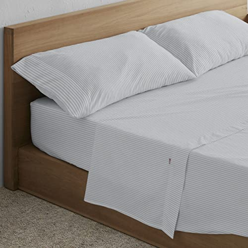 ESTELIA - Juego sábanas 100% algodón 300 Hilos - Efecto listado Color Perla - Cama de 200 (4 Piezas) - Bajera Alto 35 cm - Satén de algodón - Suave y Elegante