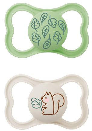 MAM Supreme - Ciuccio in set da 2 pezzi, per uno sviluppo sano dei denti e della mascella, previene le irritazioni della pelle, con scatola per ciuccio, 16+ mesi, foglie/Eichhorn