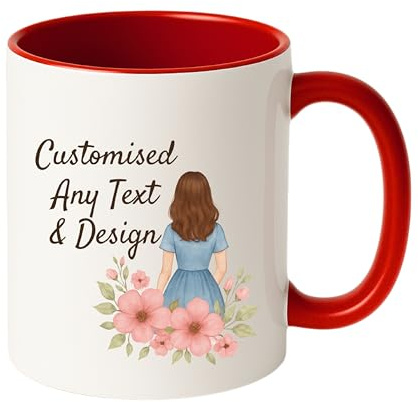 Personalised Mug | Coffee Cup with Coloured Handle and Inner | Any Photo or Text | Custom Coloured Cups for Birthdays, & Occasions | Ceramic Mugs Available in Ten Colours | Red