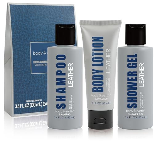 BODY & EARTH Set di 3 gel Doccia da Uomo, con Profumo in Pelle, per la Cura Della Pelle, Per Uomo, Set da Viaggio con gel Doccia, Lozione per Il Corpo, Shampoo, Regali di Natale, Festa del Papà